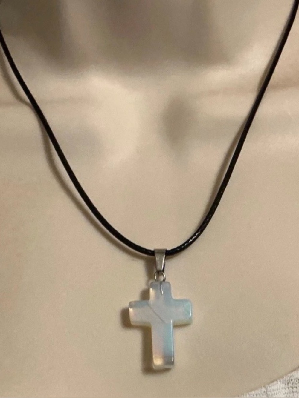 NATURAL Opalite Cross Pendant Necklace on Faux Black Leather Chain
